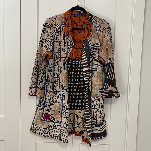 Mieko Mintz Kantha Kimono Reversible Jacket Black & Orange Mixed Print sz M - Picture 14 of 16